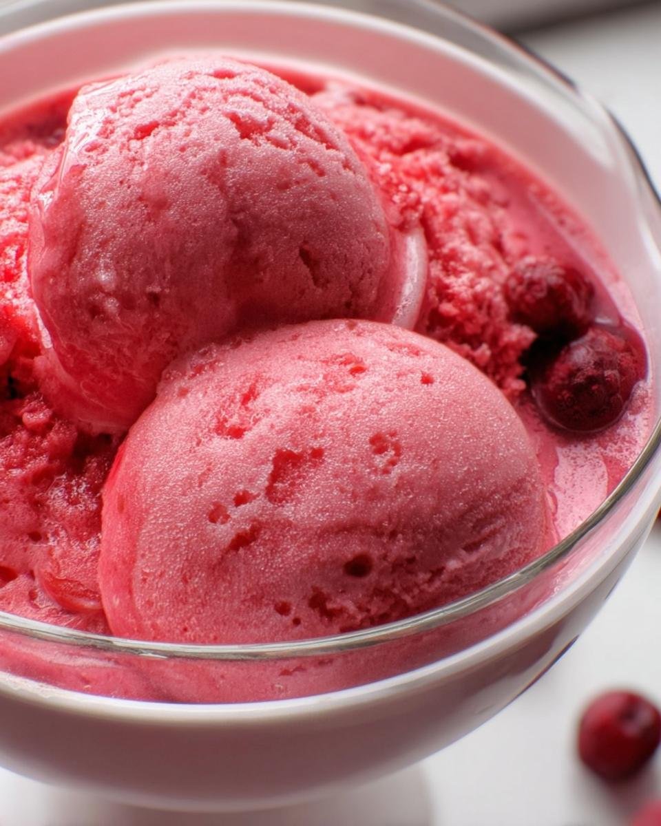 Close-up of three scoops of vibrant pink raspberry sherbet garnished with whole raspberries in a clear glass bowl.