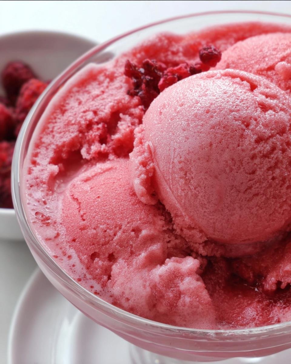Close-up of bright pink raspberry sherbet scoops in a glass dish, topped with fresh raspberries.