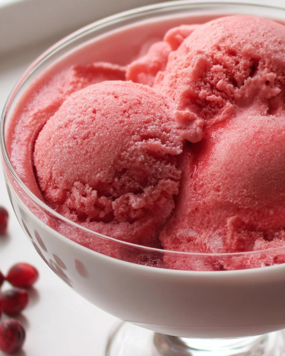 Close-up of two scoops of vibrant pink raspberry sherbet served in a clear glass dish.