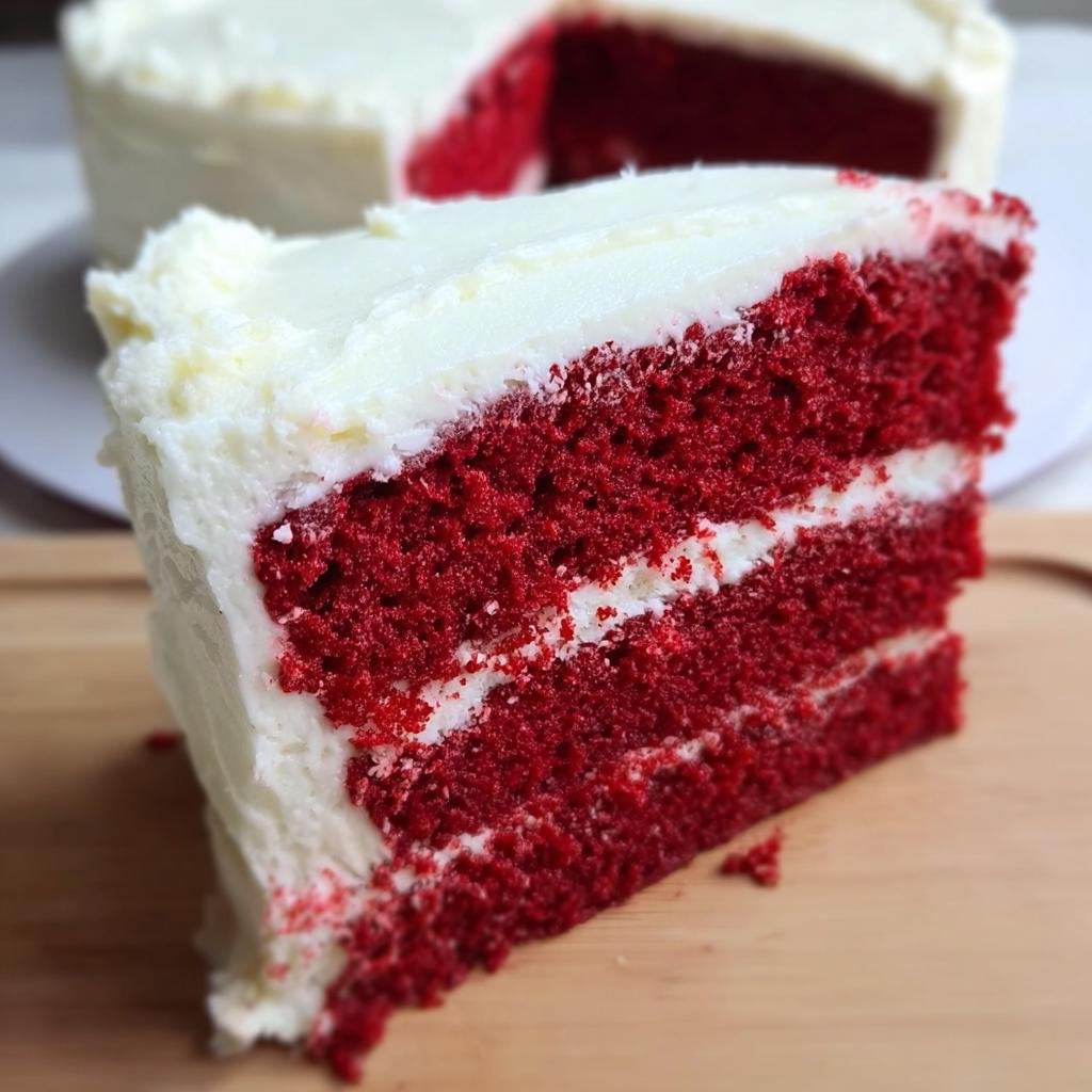 Close-up of a thick slice of Red Velvet Cake with Cream Cheese Frosting, showing three vibrant red layers.