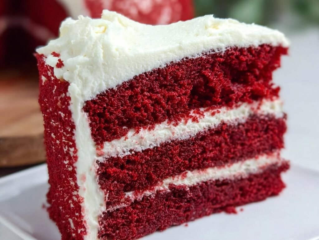 Close-up of a moist slice of Red Velvet Cake with Cream Cheese Frosting, showing three layers of vibrant red cake.