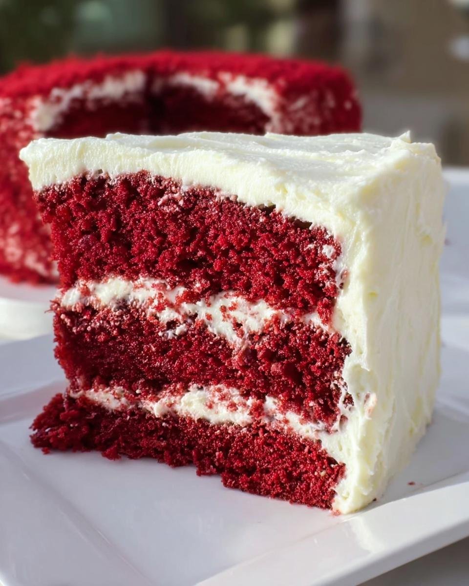 A close-up slice of moist Red Velvet Cake with thick layers of white cream cheese frosting.