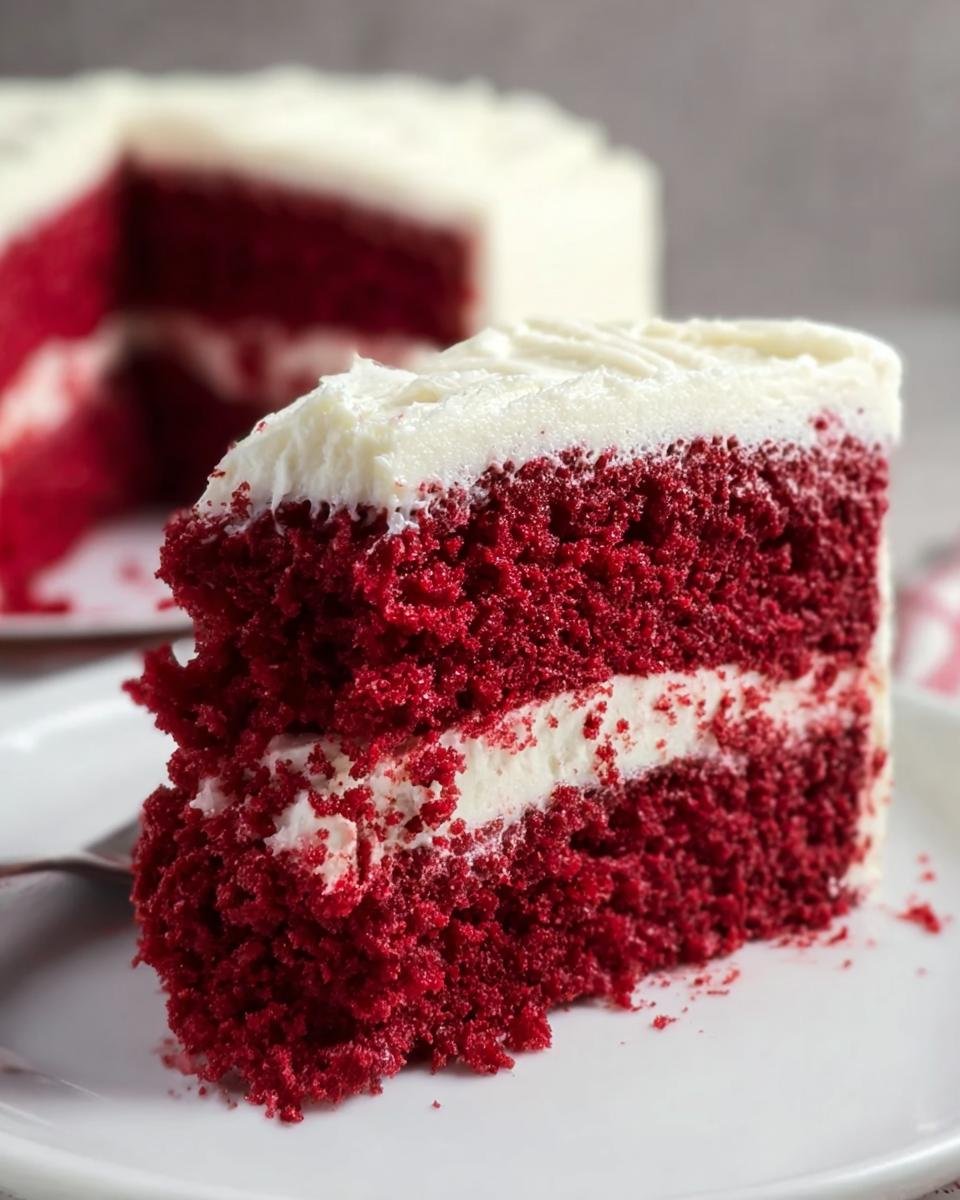 Close-up of a moist slice of Red Velvet Cake with Cream Cheese Frosting layers.