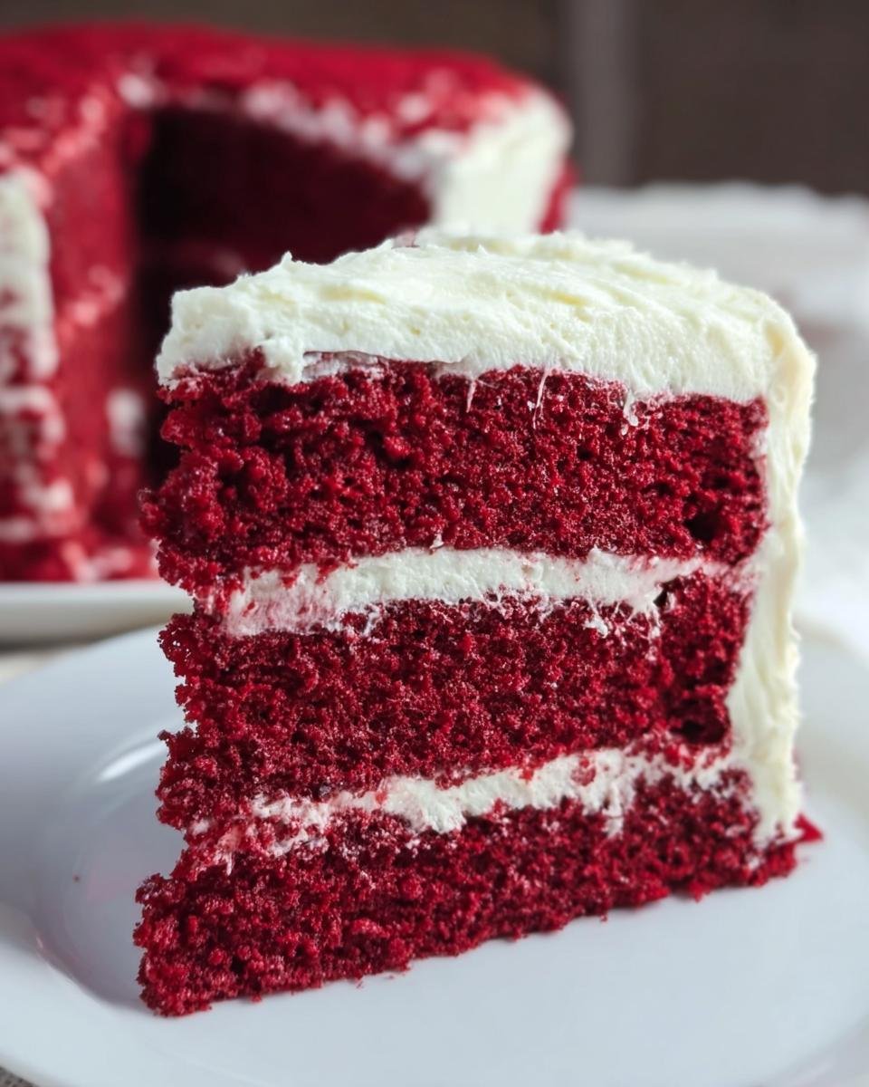 A close-up of a moist slice of Red Velvet Cake with Cream Cheese Frosting, showing three layers of red cake.