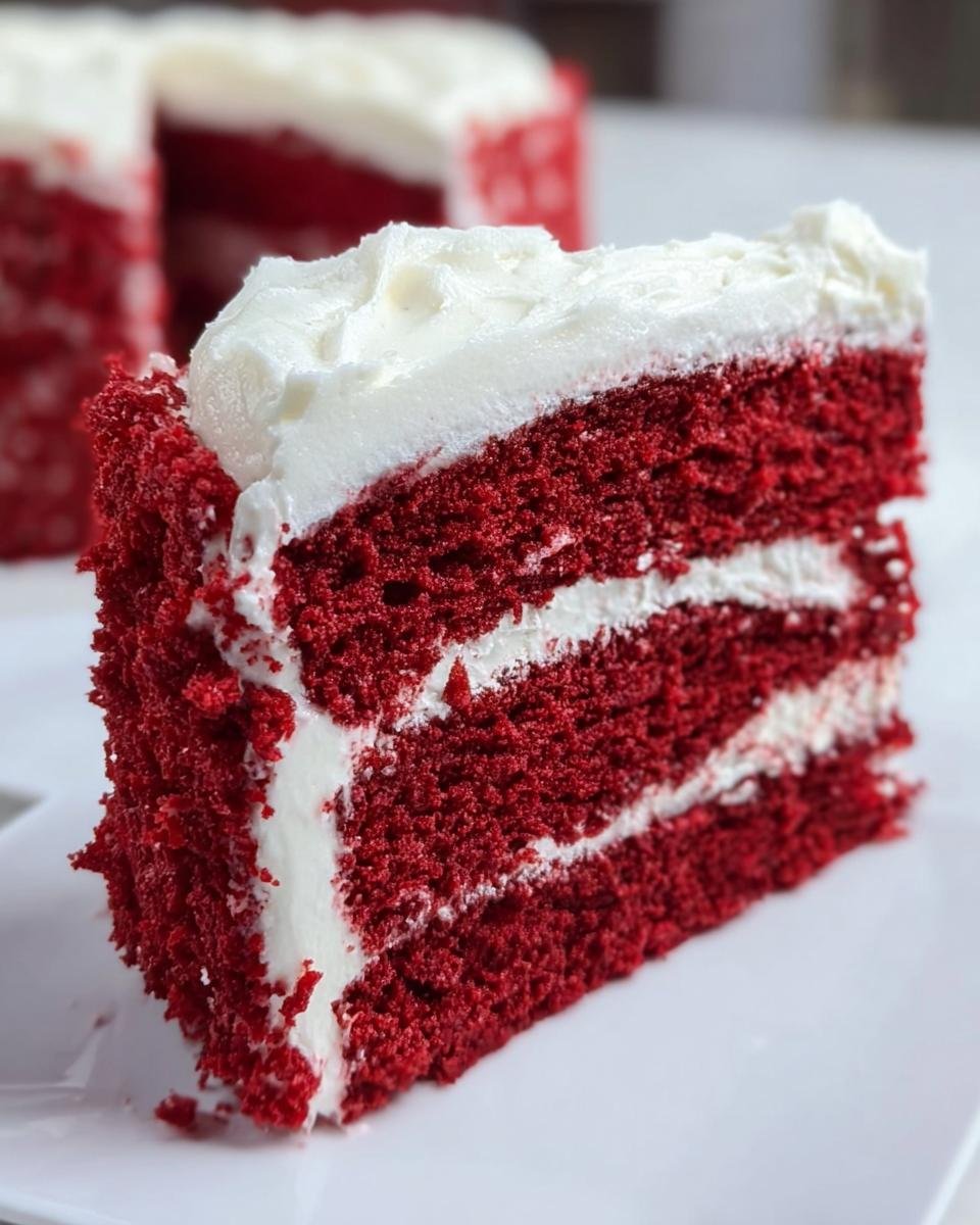 A close-up slice of rich, moist Red Velvet Cake with thick layers of white cream cheese frosting.