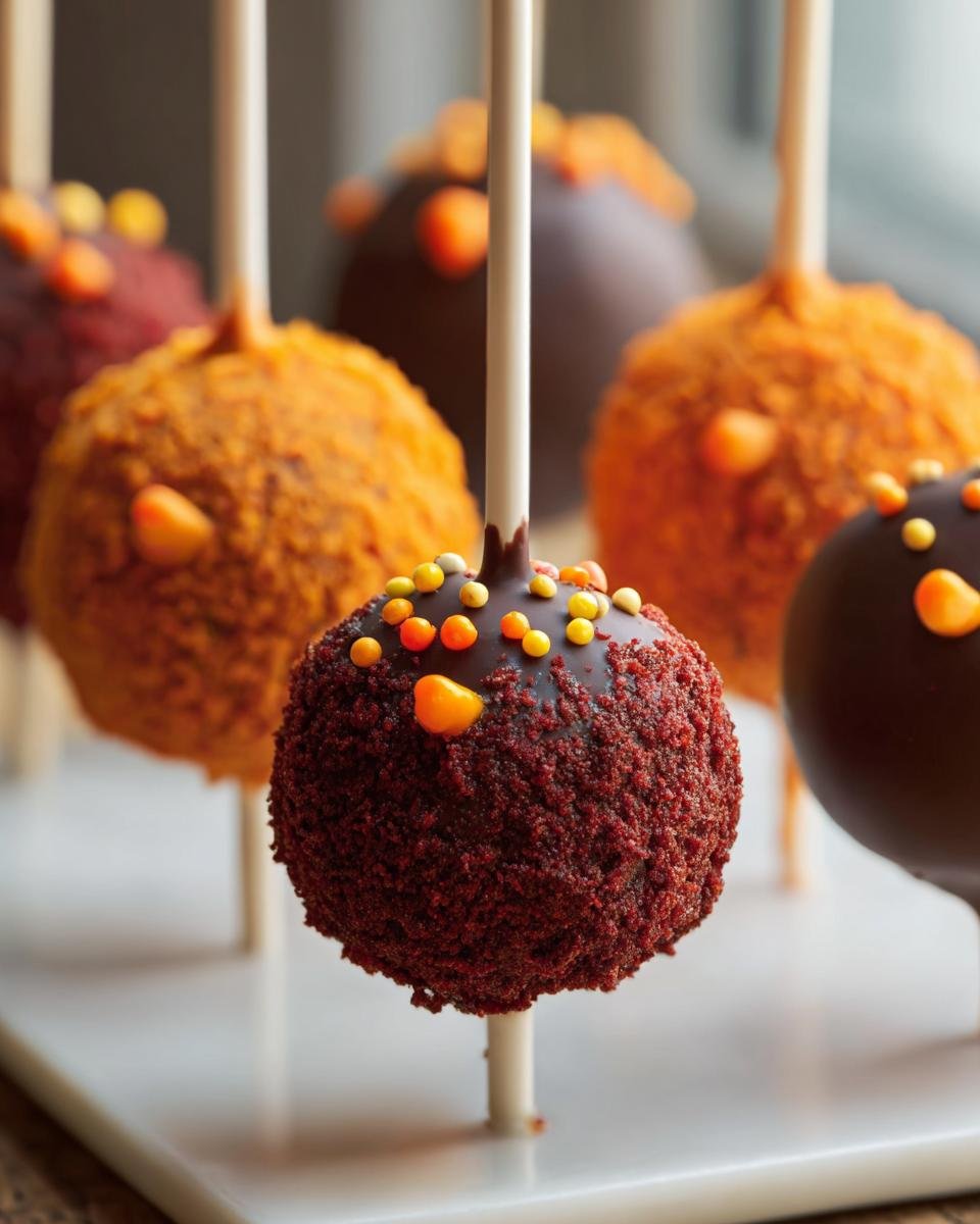 A close-up of a red velvet Thanksgiving Cake Pop dipped in chocolate and covered in fall-colored sprinkles.