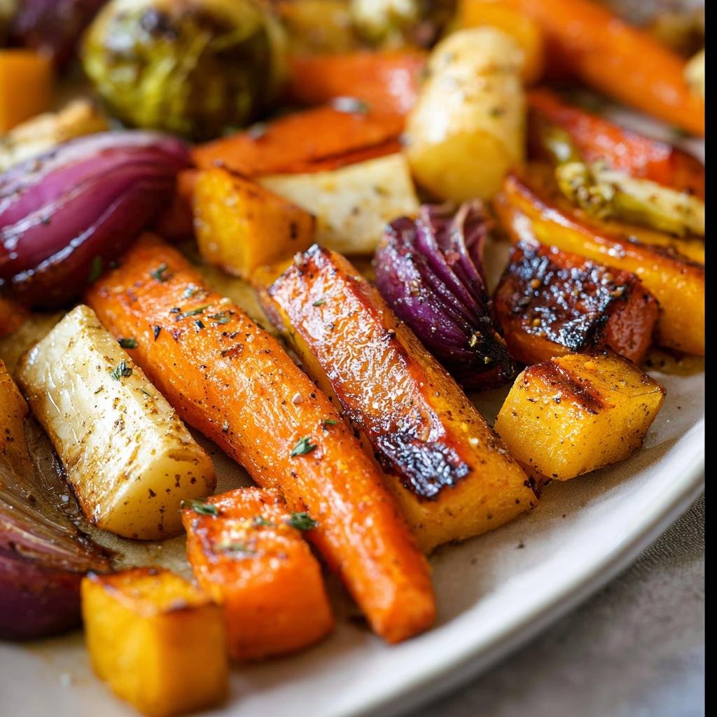 Close-up of beautifully roasted carrots, parsnips, and red onion wedges making up the Fall Harvest Veggie Platter.