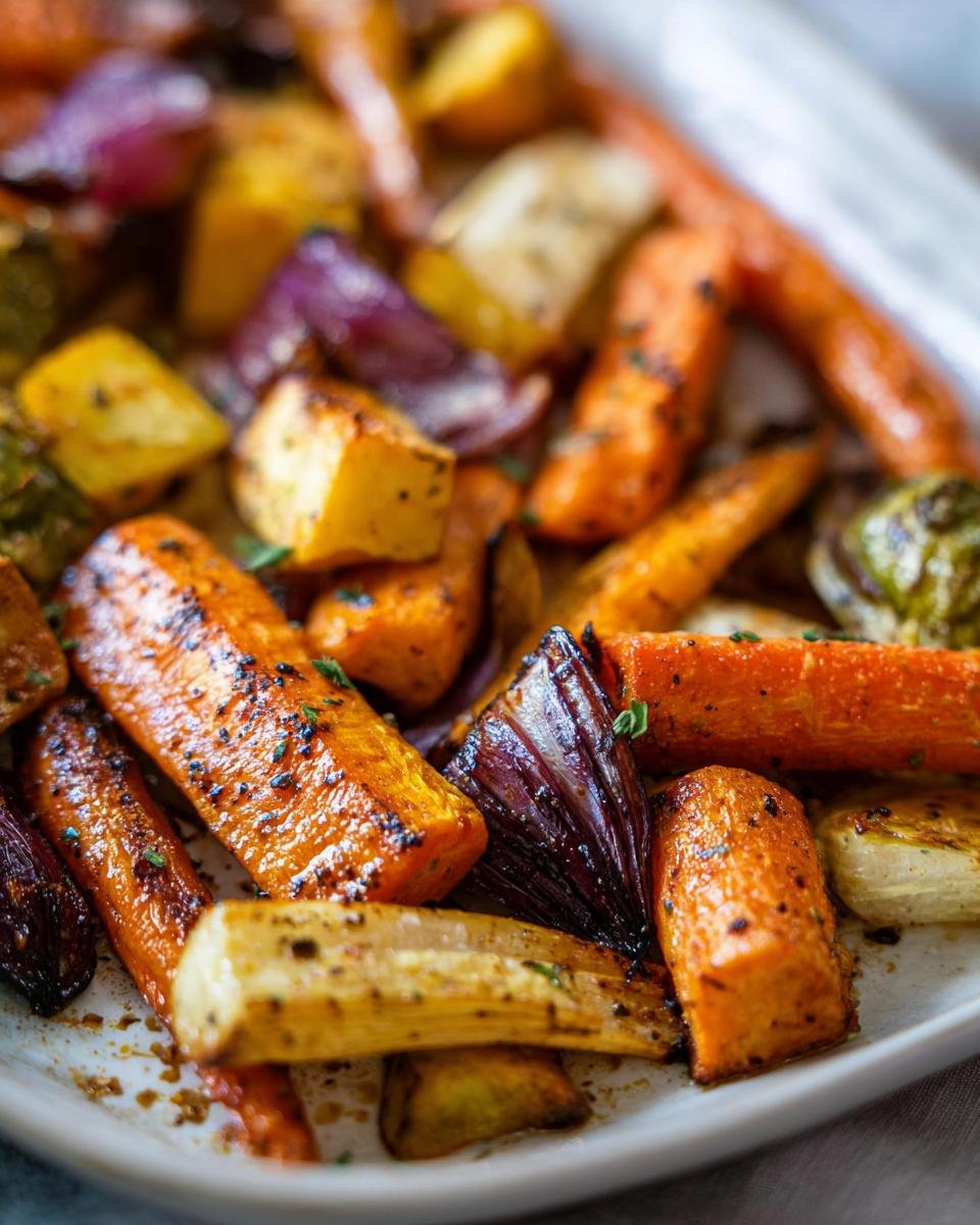 Close-up of roasted carrots, parsnips, and red onion wedges ready for a Fall Harvest Veggie Platter.