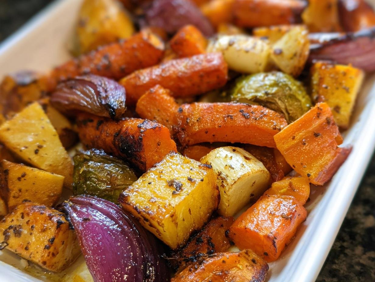 Close-up of roasted carrots, potatoes, red onion, and Brussels sprouts making up a Fall Harvest Veggie Platter.