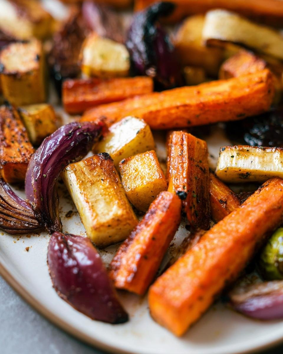 Close-up of roasted carrots, parsnips, and red onion wedges making up a Fall Harvest Veggie Platter.