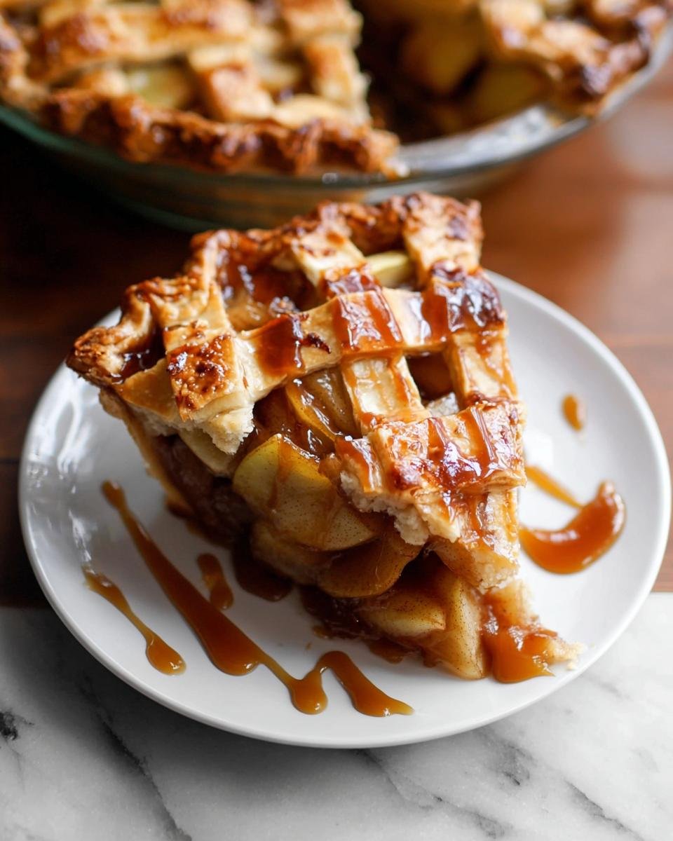 A slice of Salted Caramel Apple Tart with a lattice crust, drizzled generously with caramel sauce.