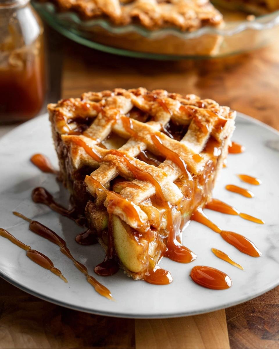 A decadent slice of Salted Caramel Apple Tart featuring a lattice crust, generously drizzled with caramel sauce.