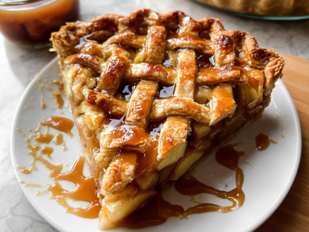 A close-up of a slice of Salted Caramel Apple Tart with a lattice crust, drizzled heavily with caramel sauce.