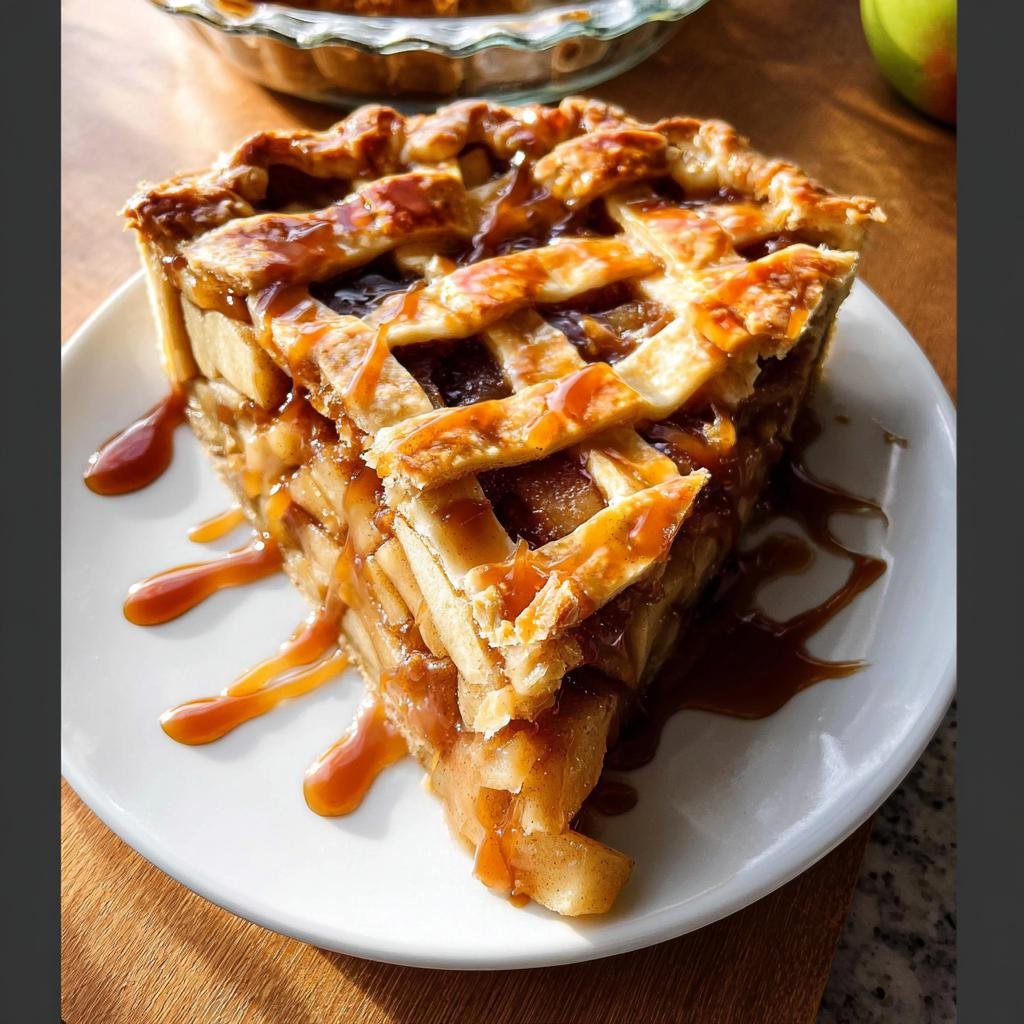 A thick slice of Salted Caramel Apple Tart featuring a lattice crust and generous caramel drizzle on a white plate.