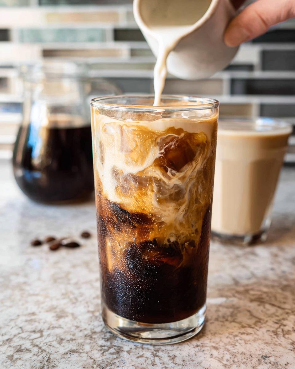 A hand pours cream into a tall glass of iced coffee, creating beautiful swirls in the Salted Caramel Cold Brew.