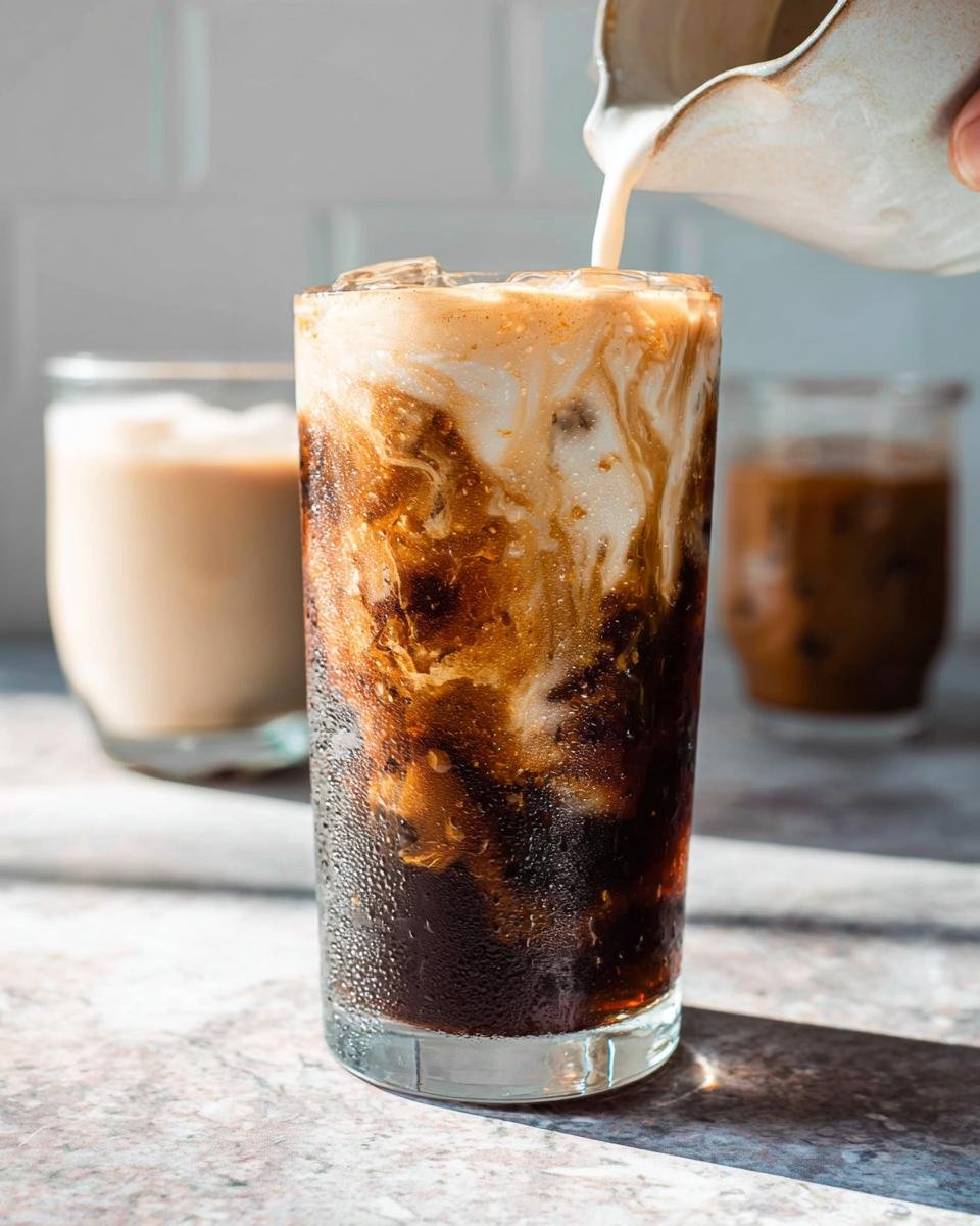 Cream being poured into a tall glass of iced Salted Caramel Cold Brew, creating beautiful swirls.