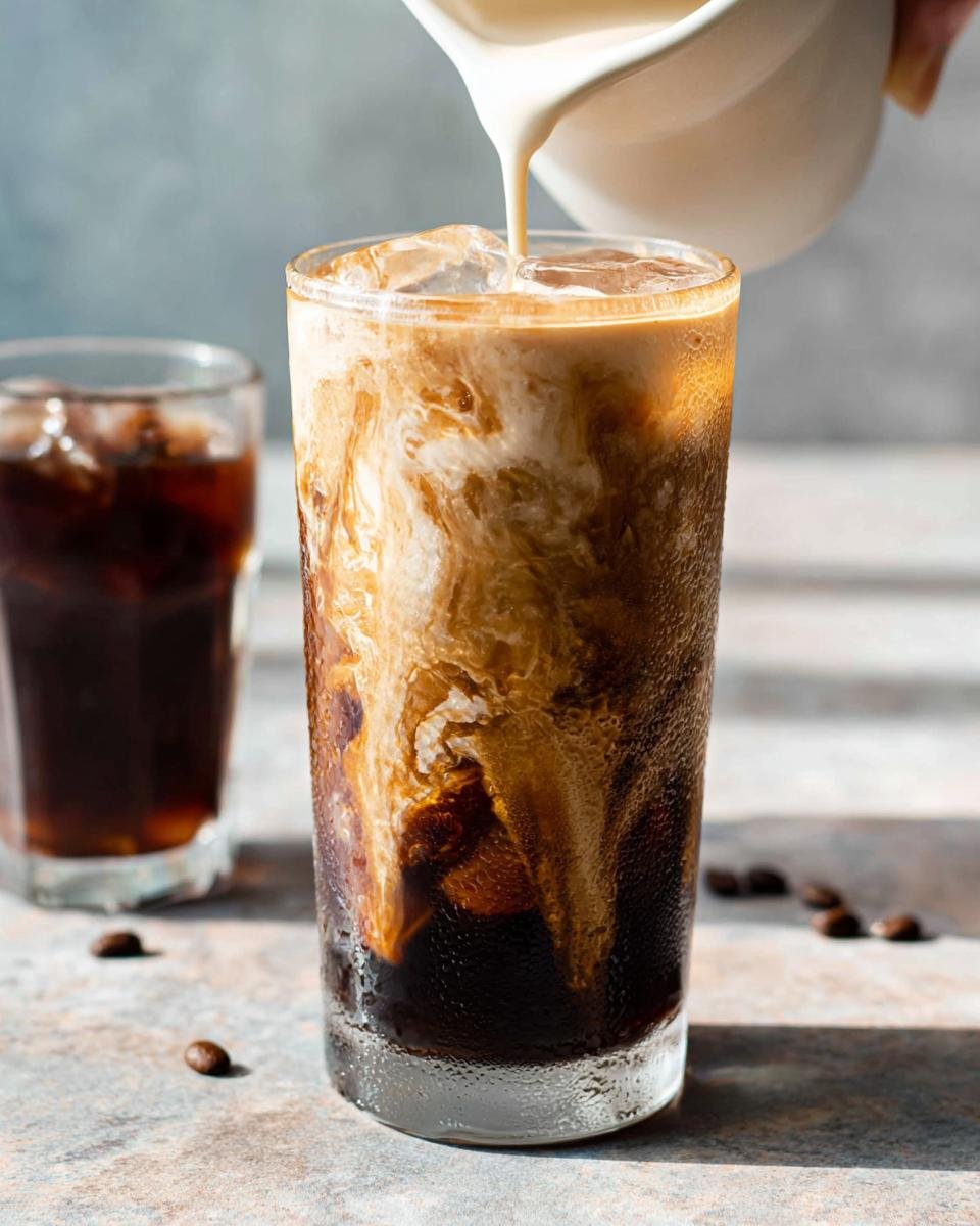 Cream being poured into a tall glass of iced coffee, creating beautiful swirls in the Salted Caramel Cold Brew.