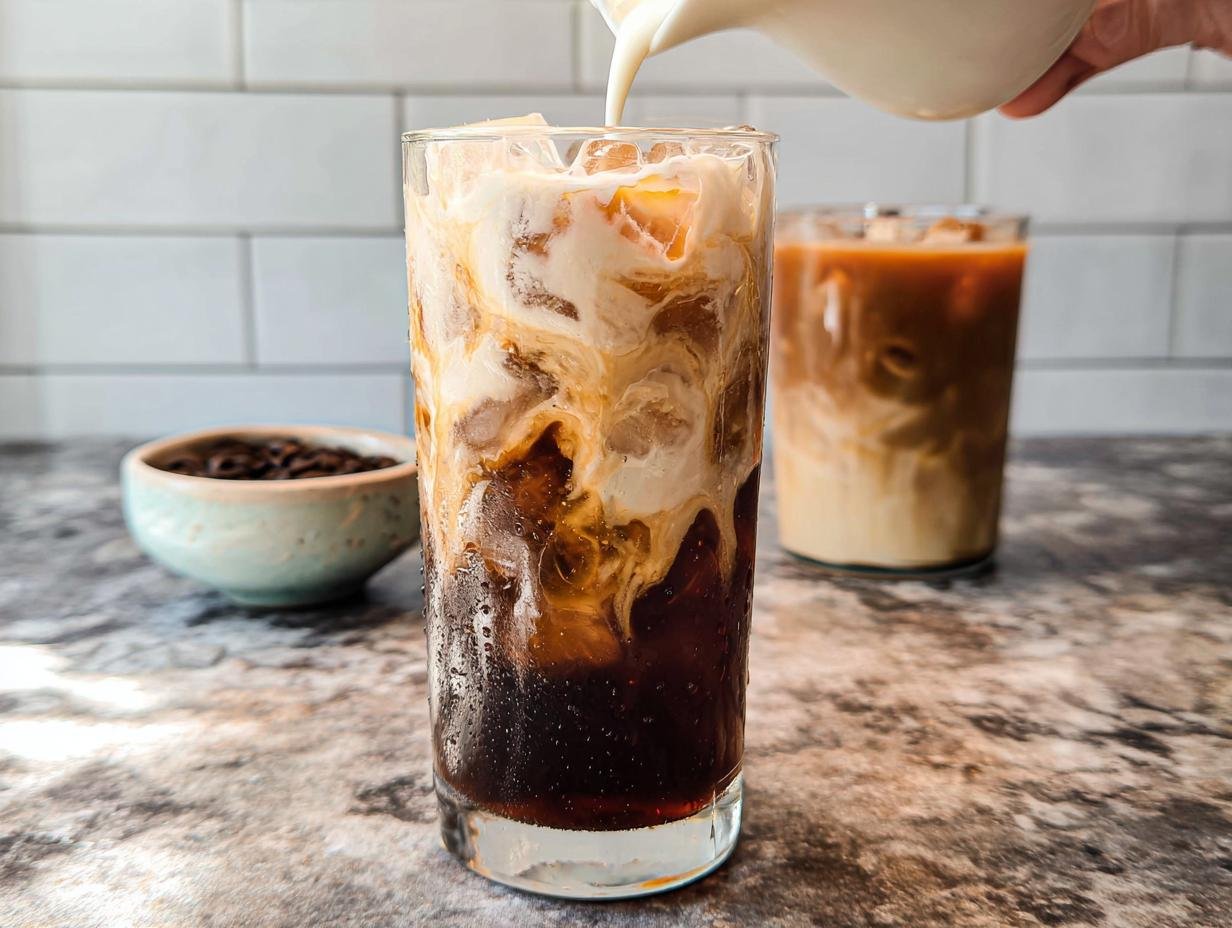 A tall glass of Salted Caramel Cold Brew being topped with cream, showing beautiful swirls of dark coffee and light cream.