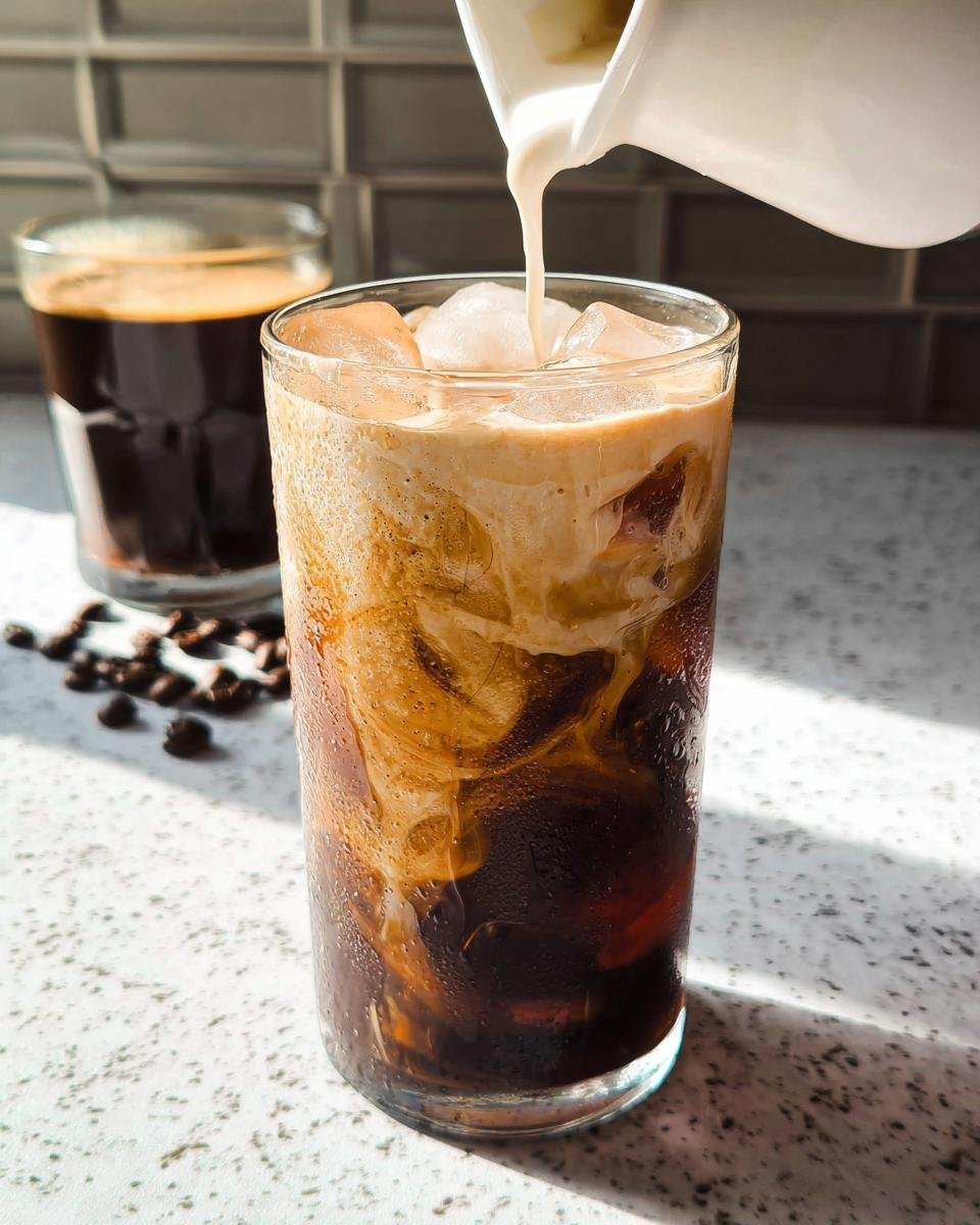 A white pitcher pours cream into a tall glass of iced coffee, creating swirls in the Salted Caramel Cold Brew.