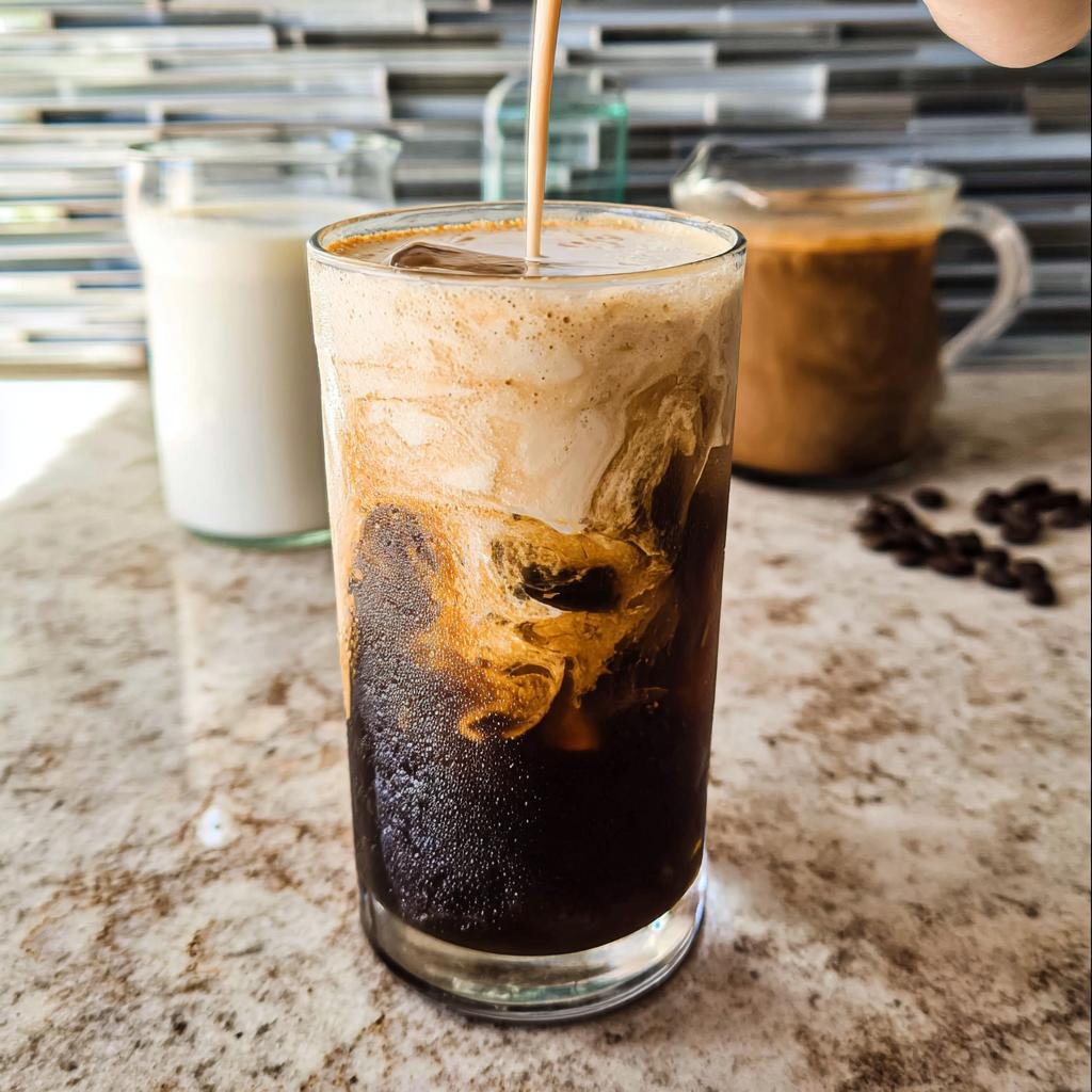 A stream of salted caramel cold brew mixture swirls into a glass of ice and dark coffee.