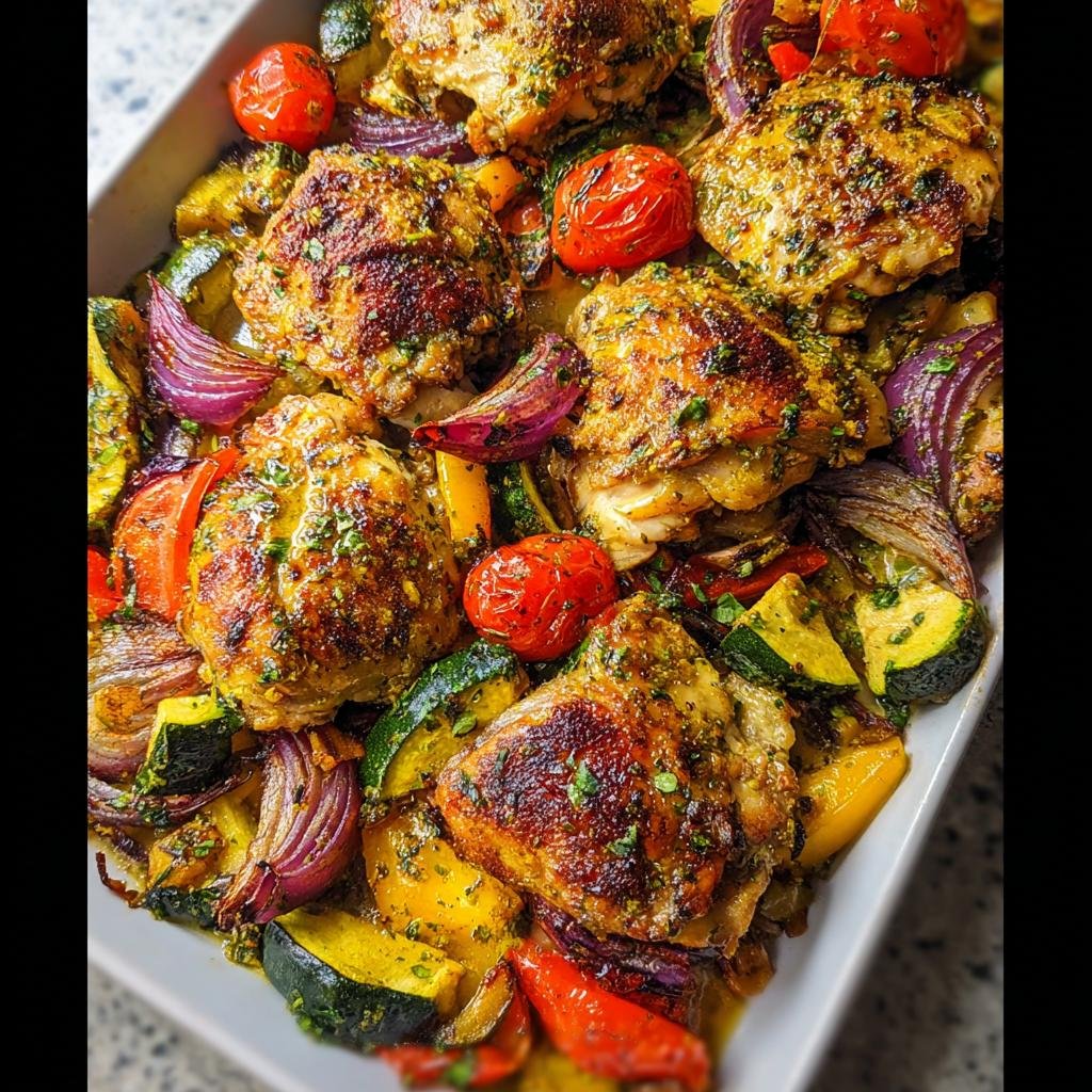 Close-up of crispy, seasoned chicken thighs surrounded by roasted zucchini, red onion, and cherry tomatoes in a Sheet Pan Chicken and Veggies dish.