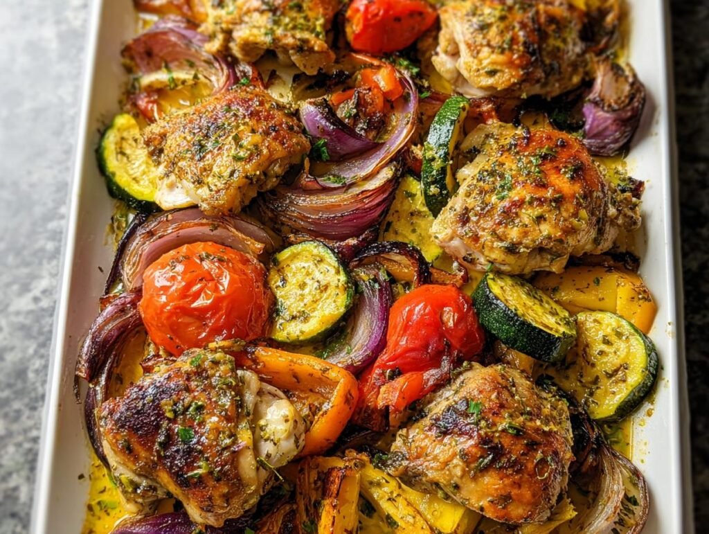 Close-up of crispy Sheet Pan Chicken and Veggies with roasted tomatoes, zucchini, and red onion in a white baking dish.