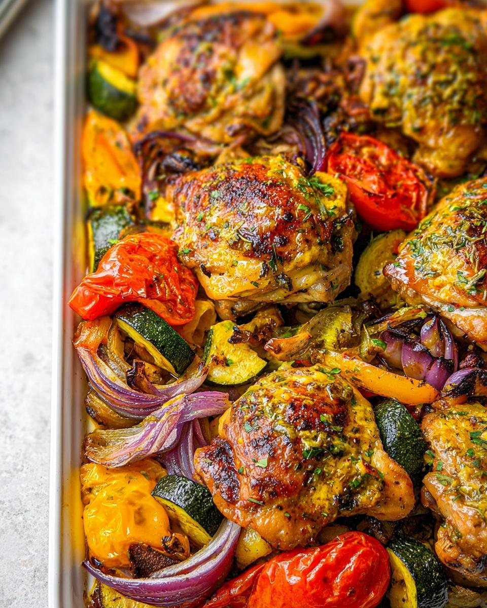 Close-up of crispy, seasoned chicken thighs roasted with zucchini, red onion, and tomatoes in a sheet pan for Sheet Pan Chicken and Veggies.