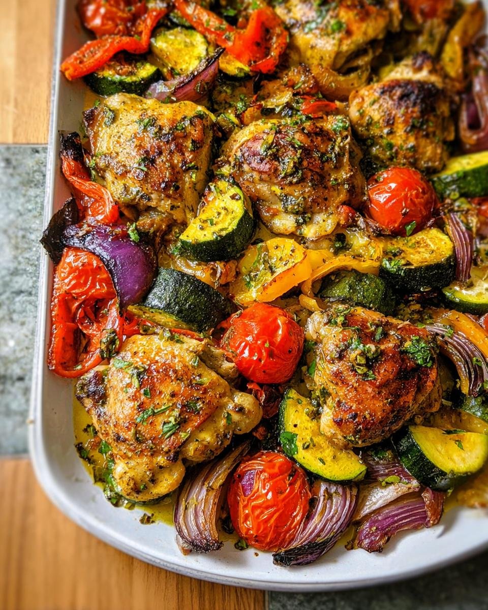 Close-up of crispy Sheet Pan Chicken and Veggies with zucchini, tomatoes, and red onion.