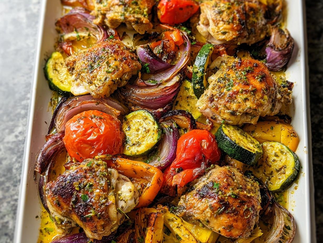 Close-up of crispy Sheet Pan Chicken and Veggies with roasted tomatoes, zucchini, and red onion in a white baking dish.