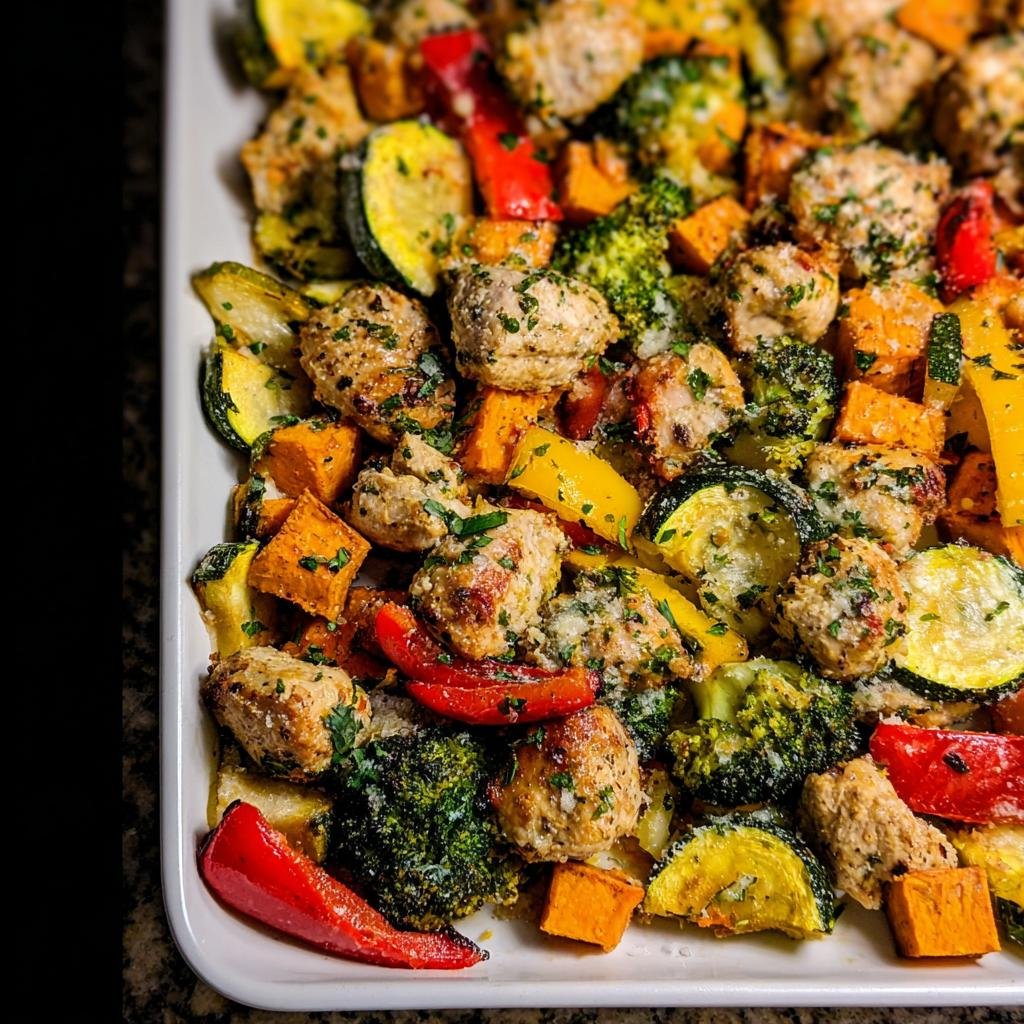 Close-up of seasoned chicken pieces mixed with roasted vegetables like sweet potato, zucchini, and peppers in a Sheet Pan Chicken & Veg dish.