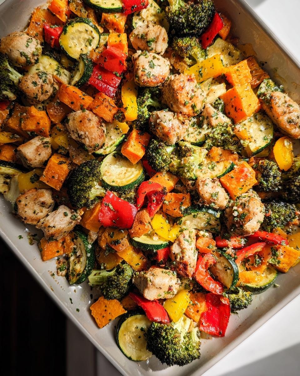 Close-up of colorful Sheet Pan Chicken & Veg including broccoli, zucchini, peppers, and squash.