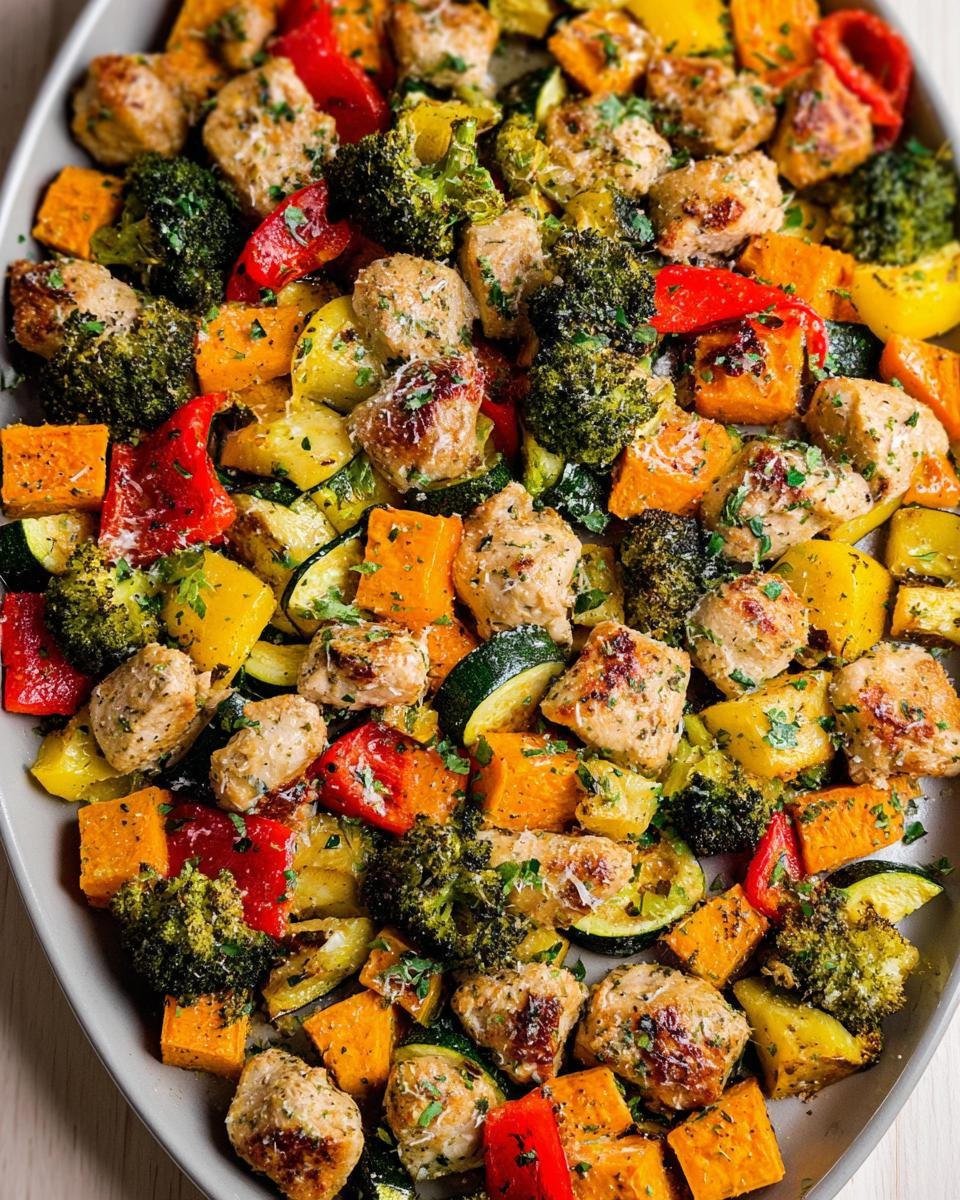Close-up of roasted chicken pieces mixed with colorful vegetables in a Sheet Pan Chicken & Veg recipe.