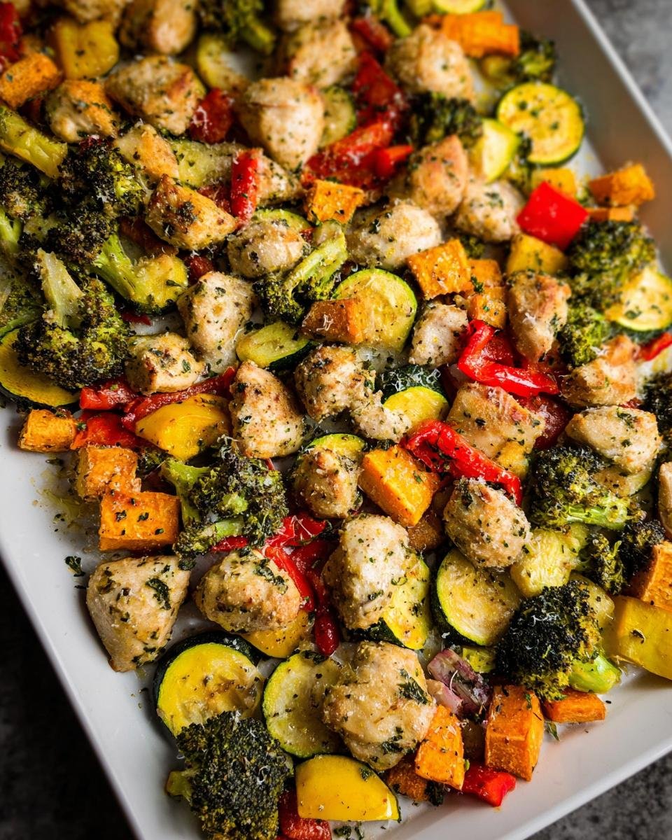 Close-up of seasoned, cubed chicken mixed with roasted broccoli, zucchini, sweet potato, and peppers from the Sheet Pan Chicken & Veg.