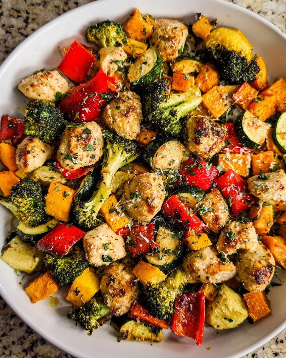 A close-up overhead shot of roasted Sheet Pan Chicken & Veg mix featuring chicken pieces, broccoli, sweet potato, zucchini, and red peppers.