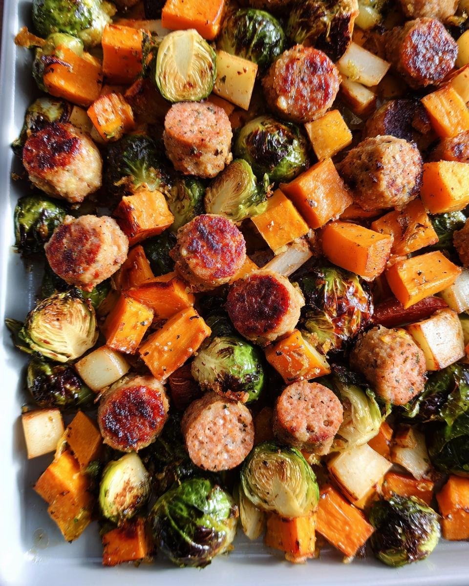 Close-up of roasted sausage pieces, Brussels sprouts, and butternut squash on a sheet pan for Sheet Pan Suppers.