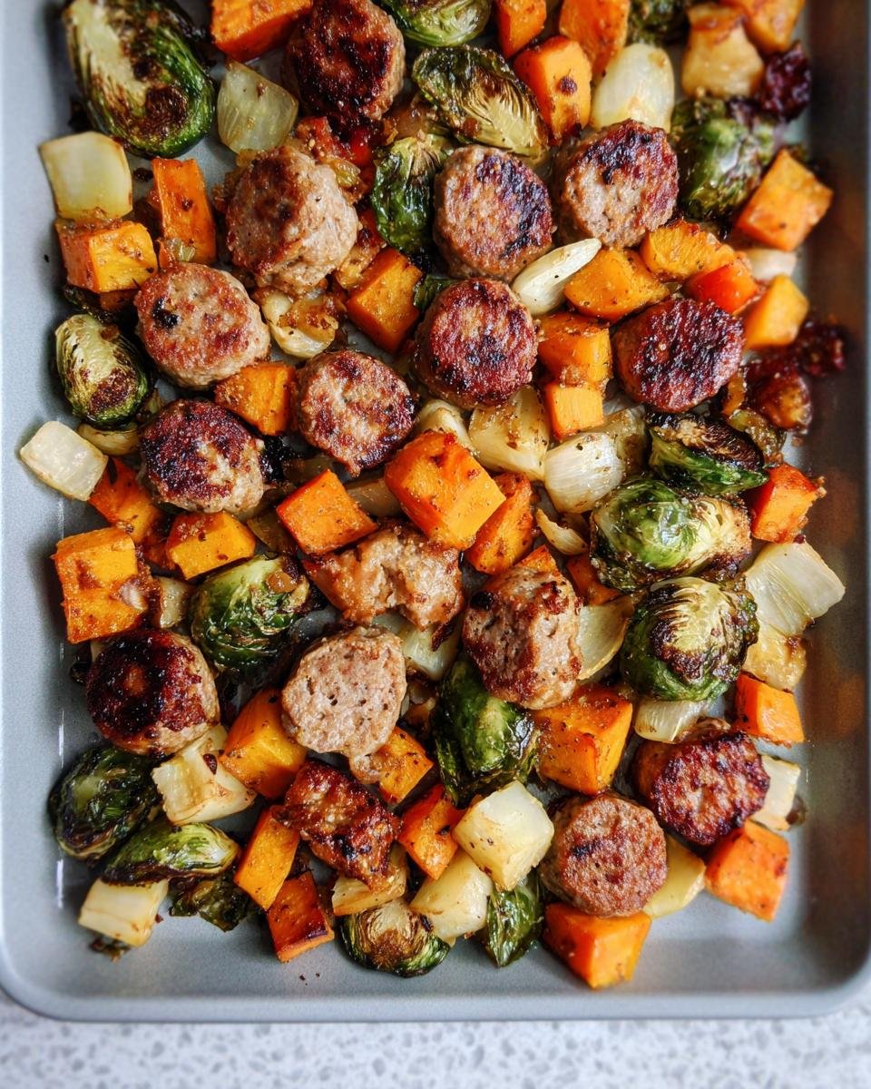 Overhead view of browned sausage patties mixed with roasted sweet potatoes, Brussels sprouts, and onions in a sheet pan.