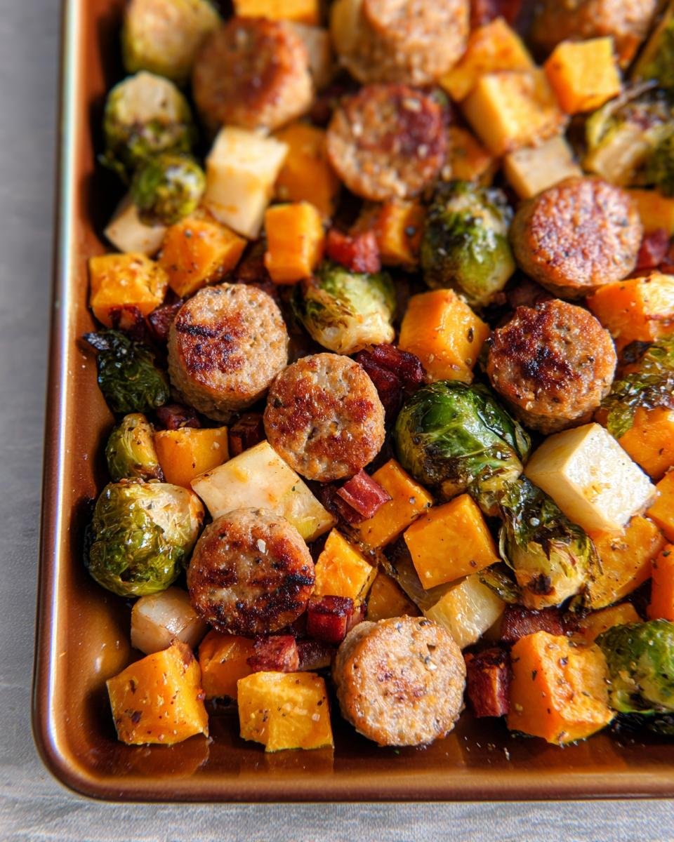 Close-up of browned sausage slices, roasted butternut squash, and Brussels sprouts in a sheet pan supper.