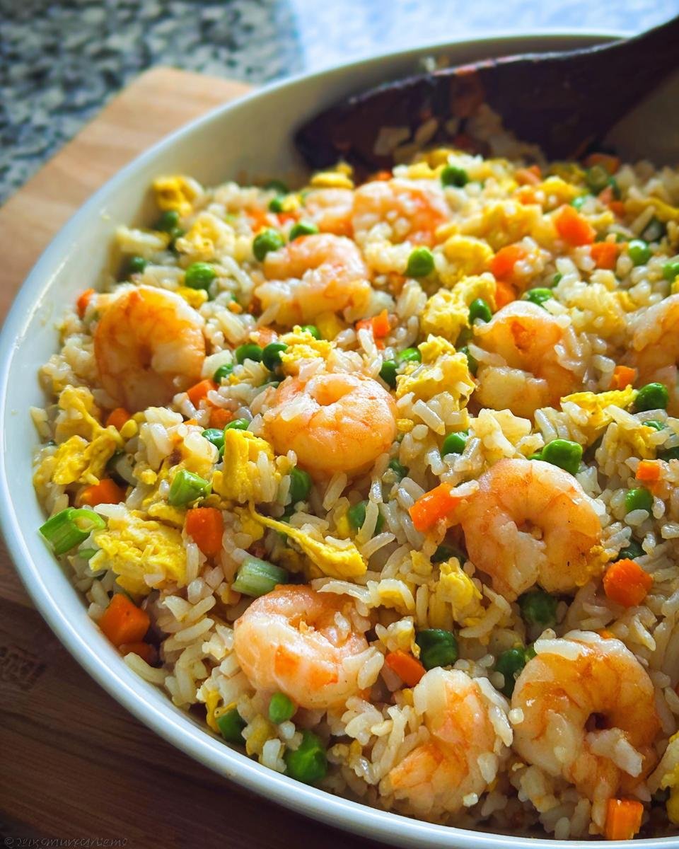 Close-up of a white bowl filled with Shrimp Fried Rice Fast, featuring plump shrimp, scrambled eggs, peas, and carrots.