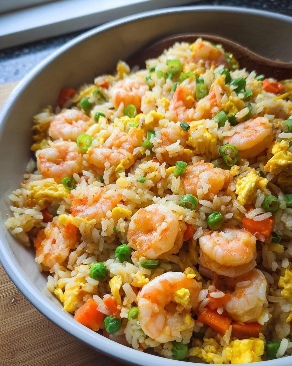 Close-up of a bowl filled with Shrimp Fried Rice Fast, featuring plump shrimp, scrambled egg, peas, and carrots.