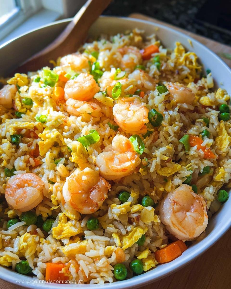 A close-up overhead view of a bowl filled with vibrant Shrimp Fried Rice Fast, featuring plump shrimp, scrambled egg, peas, and carrots.