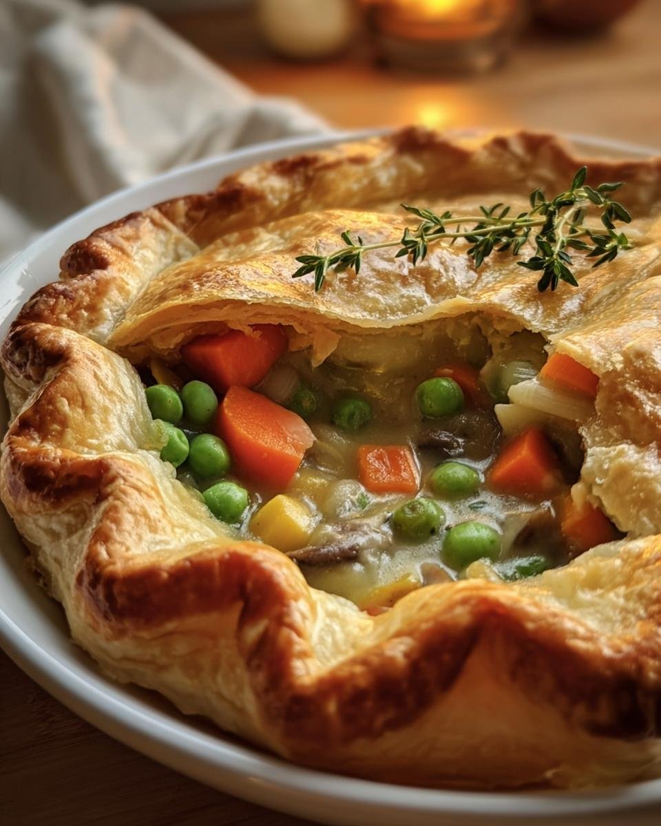 Close-up of a Simple Vegetable Pot Pie with a golden, flaky crust broken open to show peas, carrots, and creamy filling.