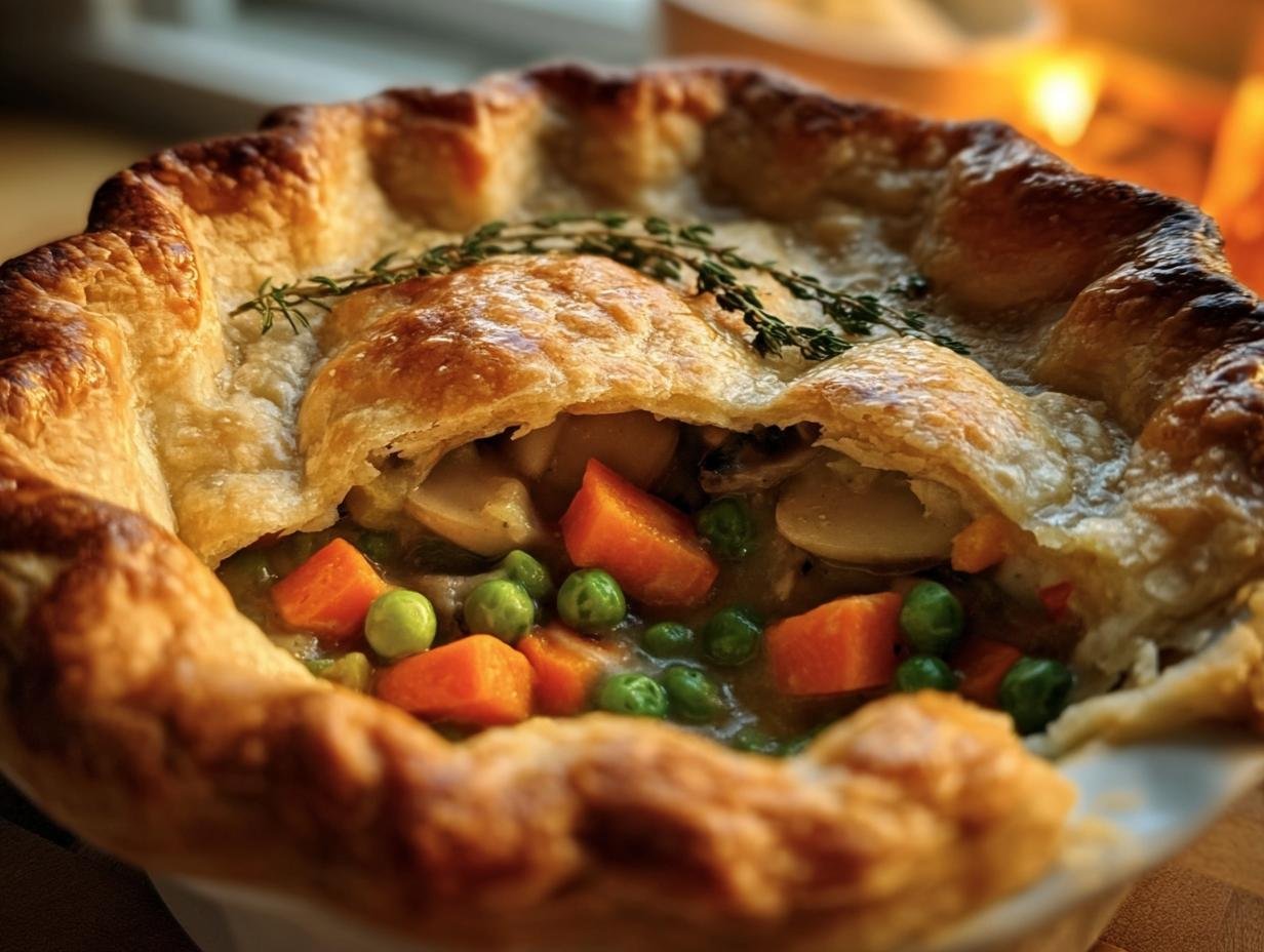 Close-up of a golden, flaky crust opened to reveal the filling of a Vegetable Pot Pie with carrots, peas, and mushrooms.