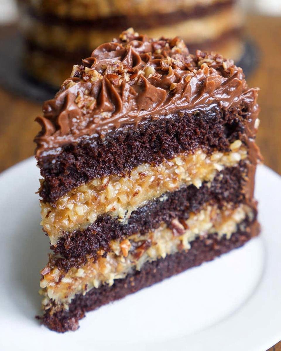 A close-up slice of rich German Chocolate Cake Coconut Pecan layers on a white plate.