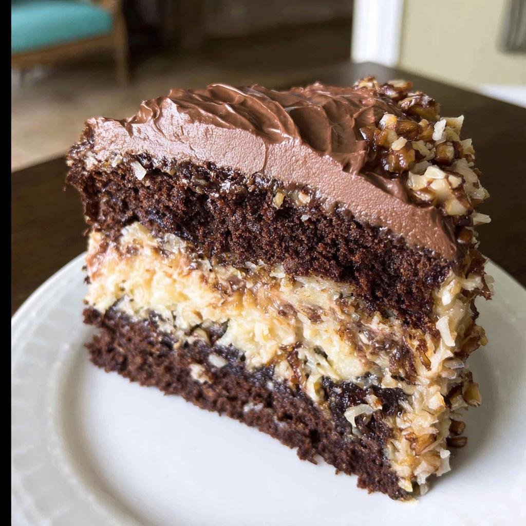 A tall slice of rich German Chocolate Cake Coconut Pecan layers on a white plate.