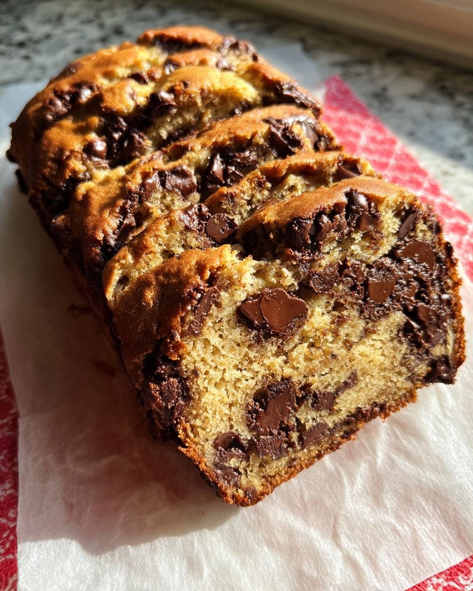 Close-up of sliced Banana Bread with Brown Butter loaded with melted chocolate chips.
