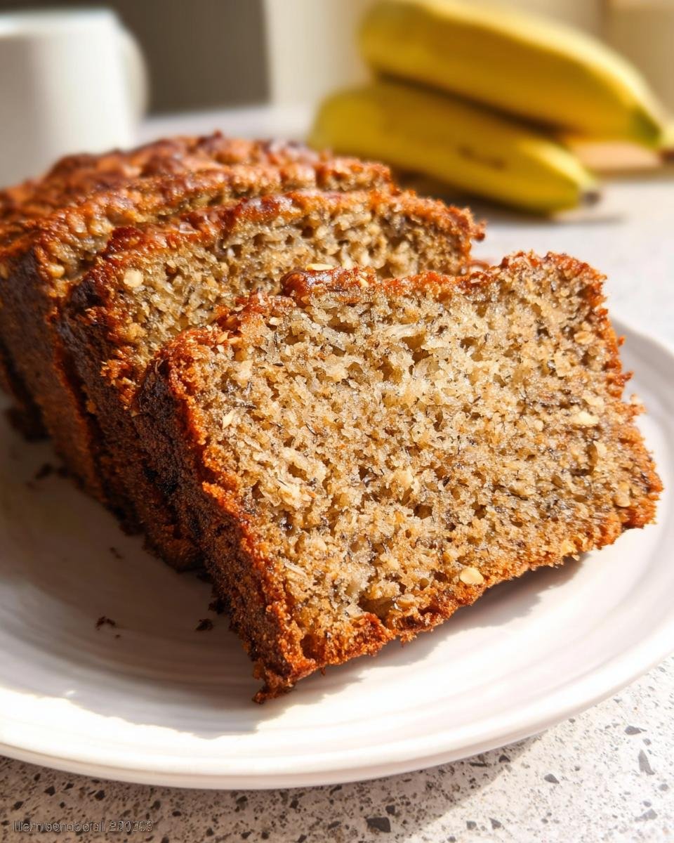 Close-up of several slices of moist Oat Flour Banana Bread Gluten Friendly on a white plate with bananas blurred in the background.