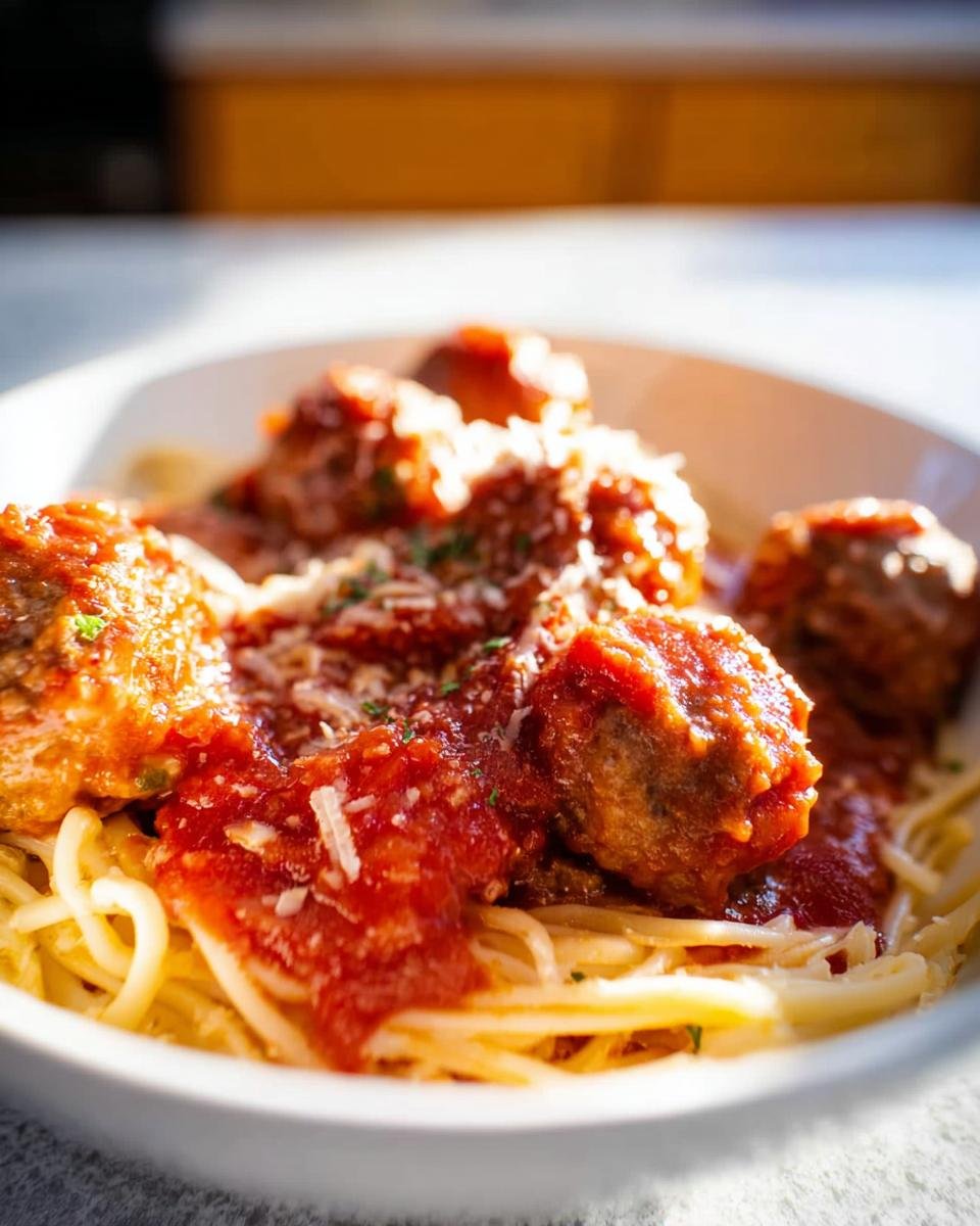 Close-up of a white bowl filled with spaghetti topped with rich tomato sauce and several juicy Homemade Meatballs, sprinkled with Parmesan.