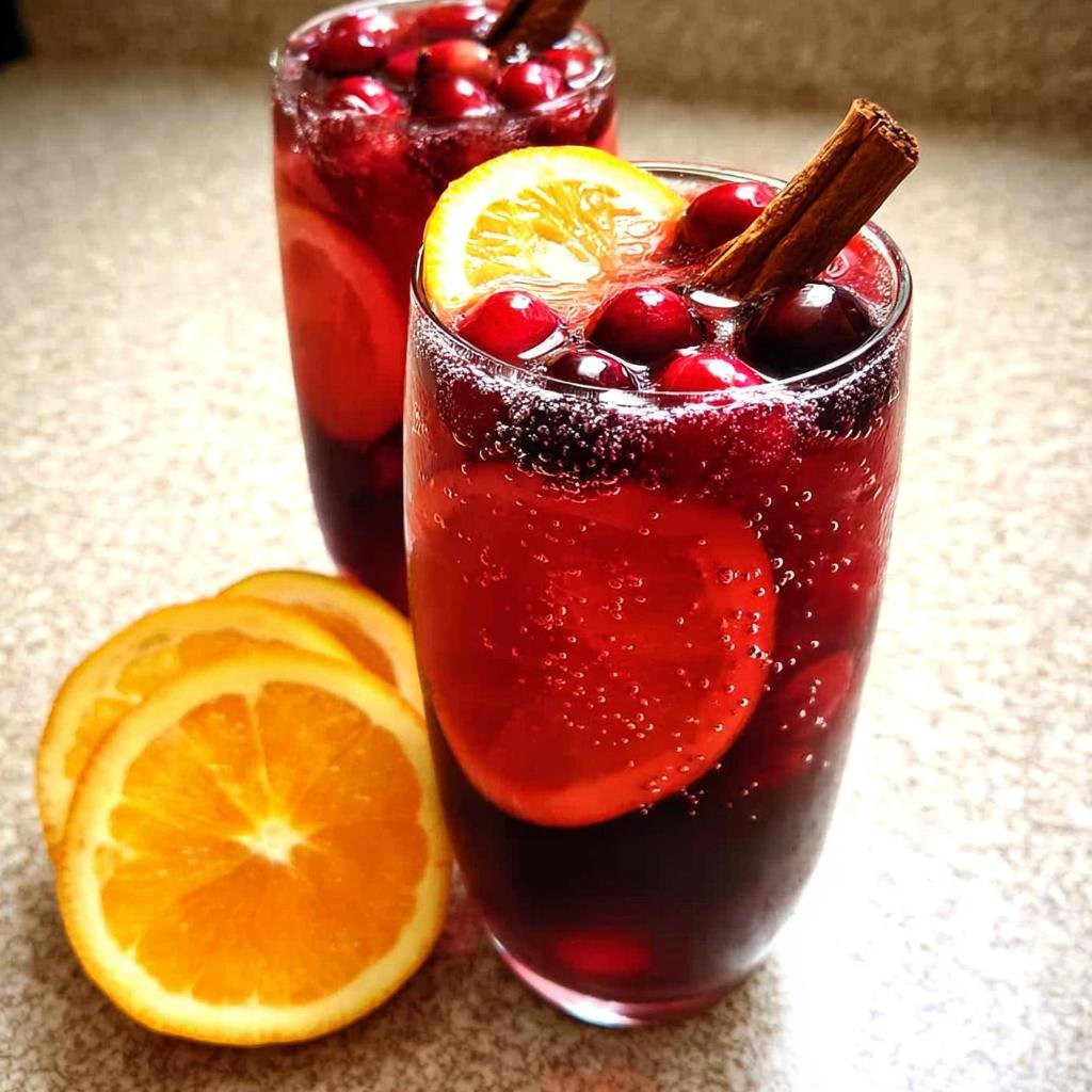 Close-up of a tall glass filled with Sparkling Cranberry Sangria, garnished with fresh cranberries and an orange slice.