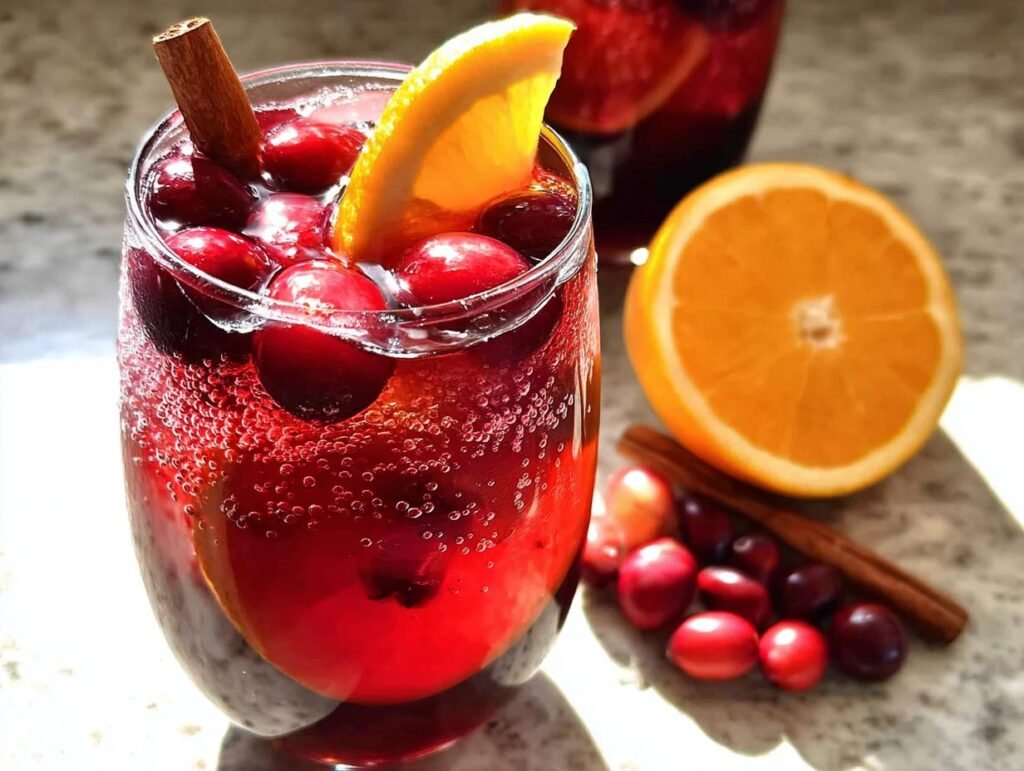 A glass filled with vibrant red Sparkling Cranberry Sangria, garnished with fresh cranberries, an orange slice, and a cinnamon stick.