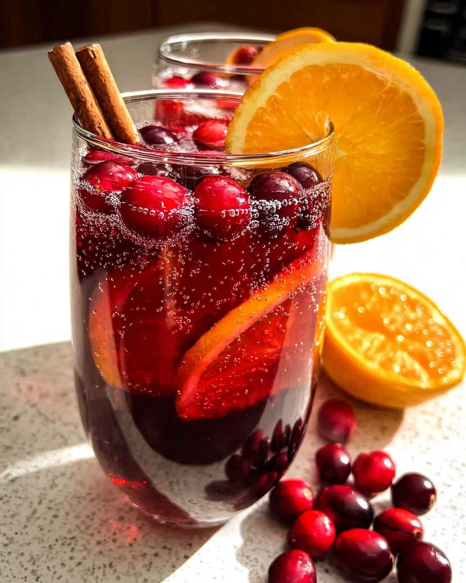 Close-up of a glass filled with Sparkling Cranberry Sangria, garnished with fresh cranberries, orange slices, and cinnamon sticks.